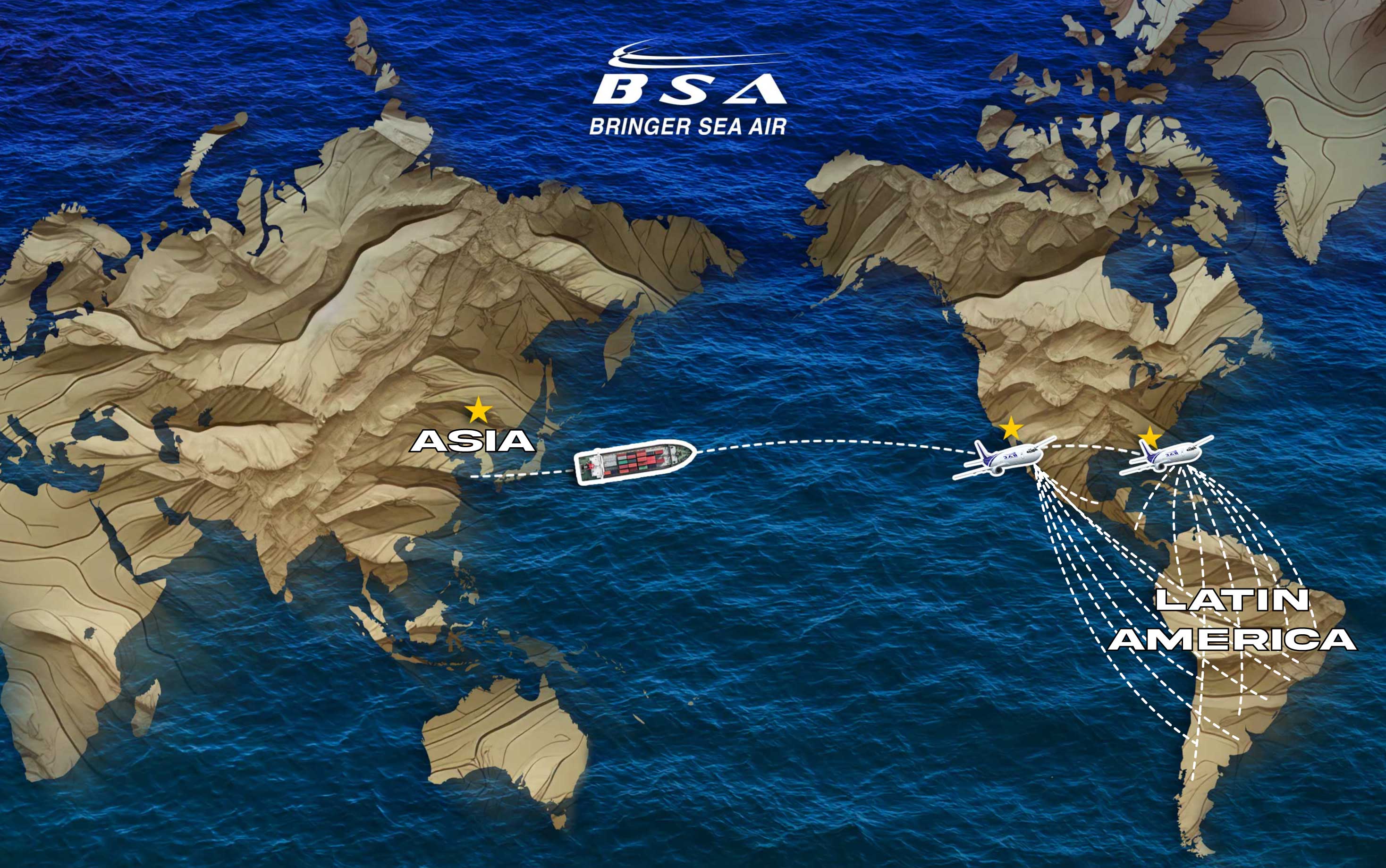 Bringer Sea Air worldwide route map — Asia to Latin America